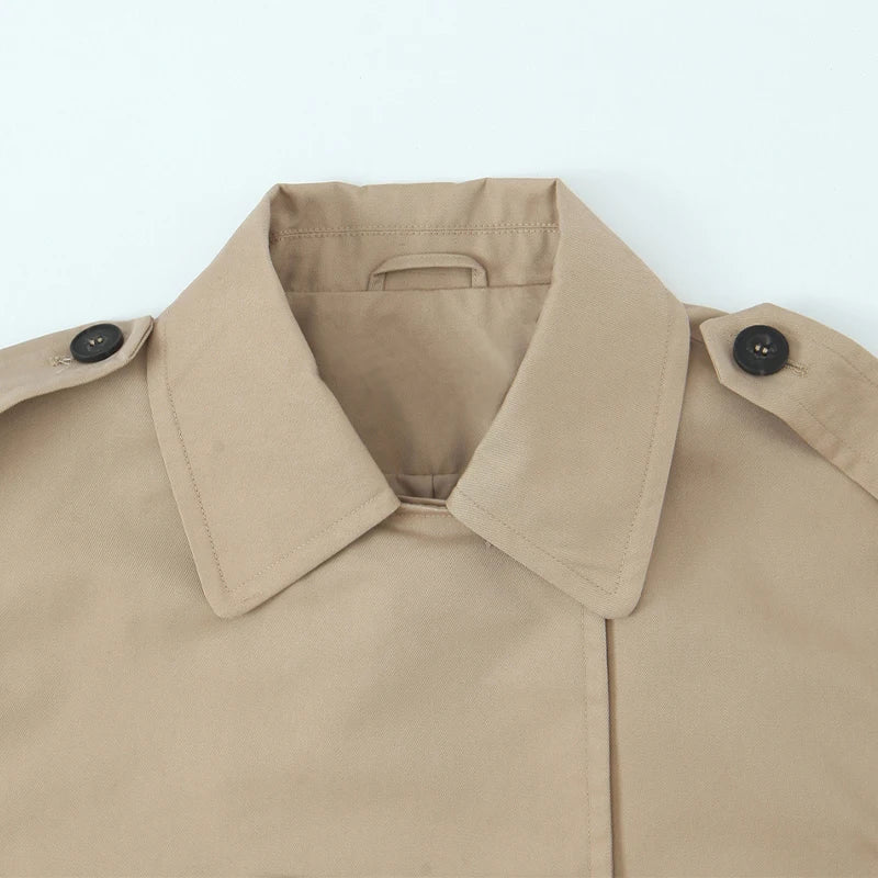 Women's Khaki Double-Breasted Short Trench Jacket – Notched Neck Chic Coat