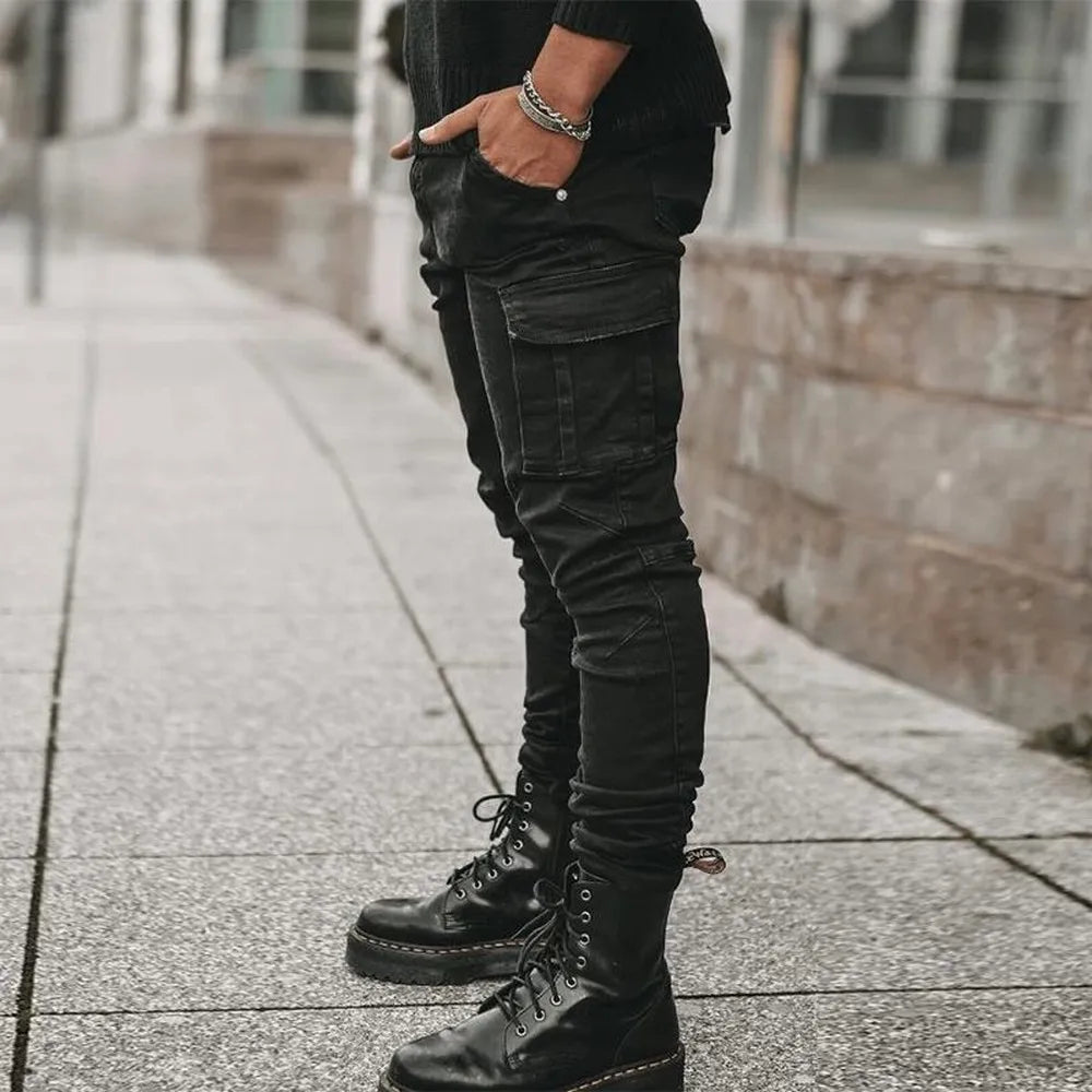 Men's Elastic Denim Cargo Jogger Jeans – Slim Fit Multi-Pocket Street Trousers