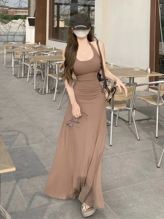 Women Dresses Backless Chic Sleeveless Summer Solid Slim Abdomen Mature Skinny American Style Retro Leisure