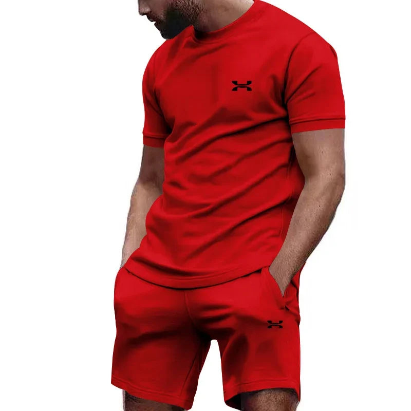 New summer men's casual shortsleeved shorts 2-piece city street fashion T-shirt shorts suit men's cool run hot sale