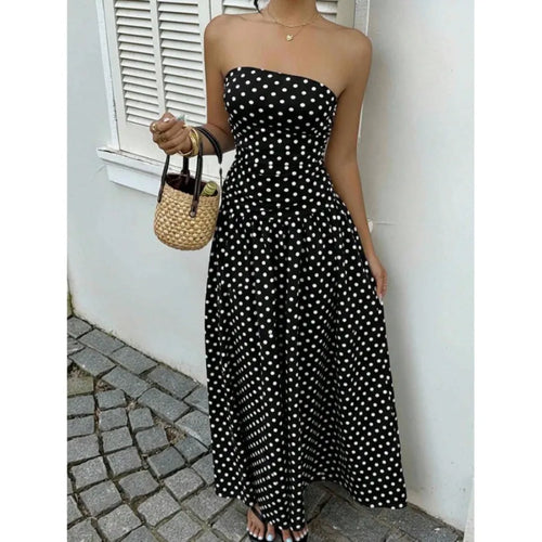 2026 - European and American spring and autumn   vacation style temperament slimming polka dot tube top jumpsuit cake skirt lon