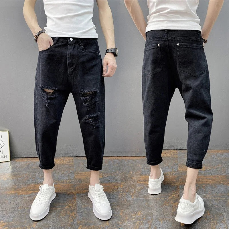 Korean Ankle-Length Distressed Jeans Men White Breathable Slim Fit Ripped Denim Pants Four Season Narrow Leg Harem Male Trousers