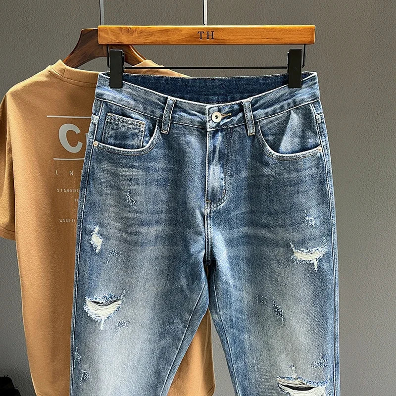 New Men's Ripped Jeans Personality Fashion Tapered Hole Frayed Denim Trousers Streetwear Casual Vintage Blue Pants Male Clothes