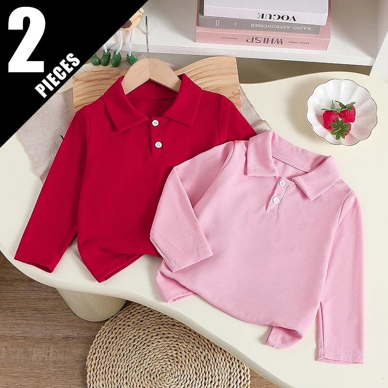 Kids Solid Color Polo Shirt – Long Sleeve Lapel Top for Boys & Girls