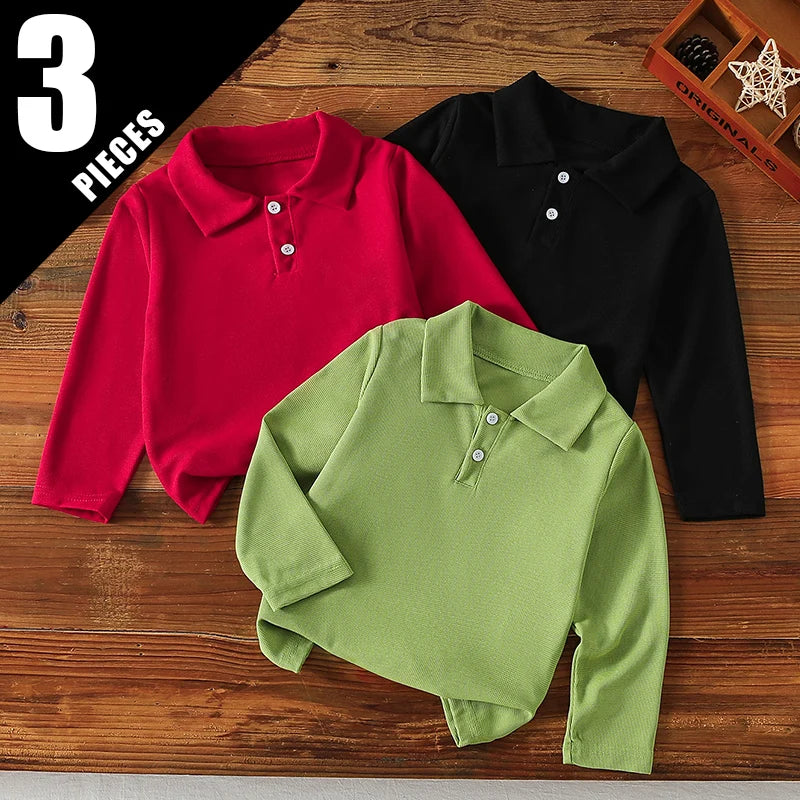 Kids Solid Color Polo Shirt – Long Sleeve Lapel Top for Boys & Girls
