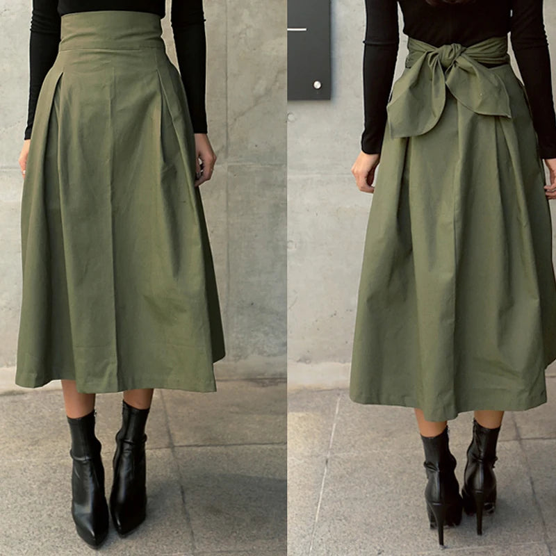 Women's Korean Big Swing Bow High Waist Long Skirt – Solid Color Slim Autumn Skirt