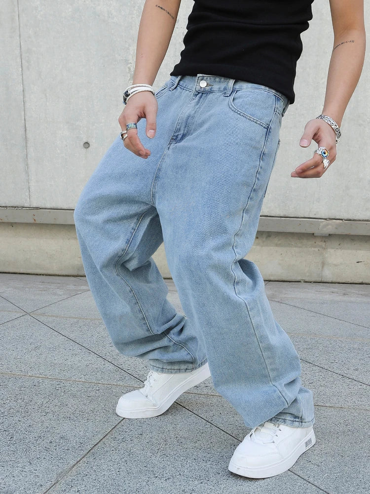 Men's Baggy Oversize Straight Wide Leg Y2K Jeans – Solid Color Streetwear Denim
