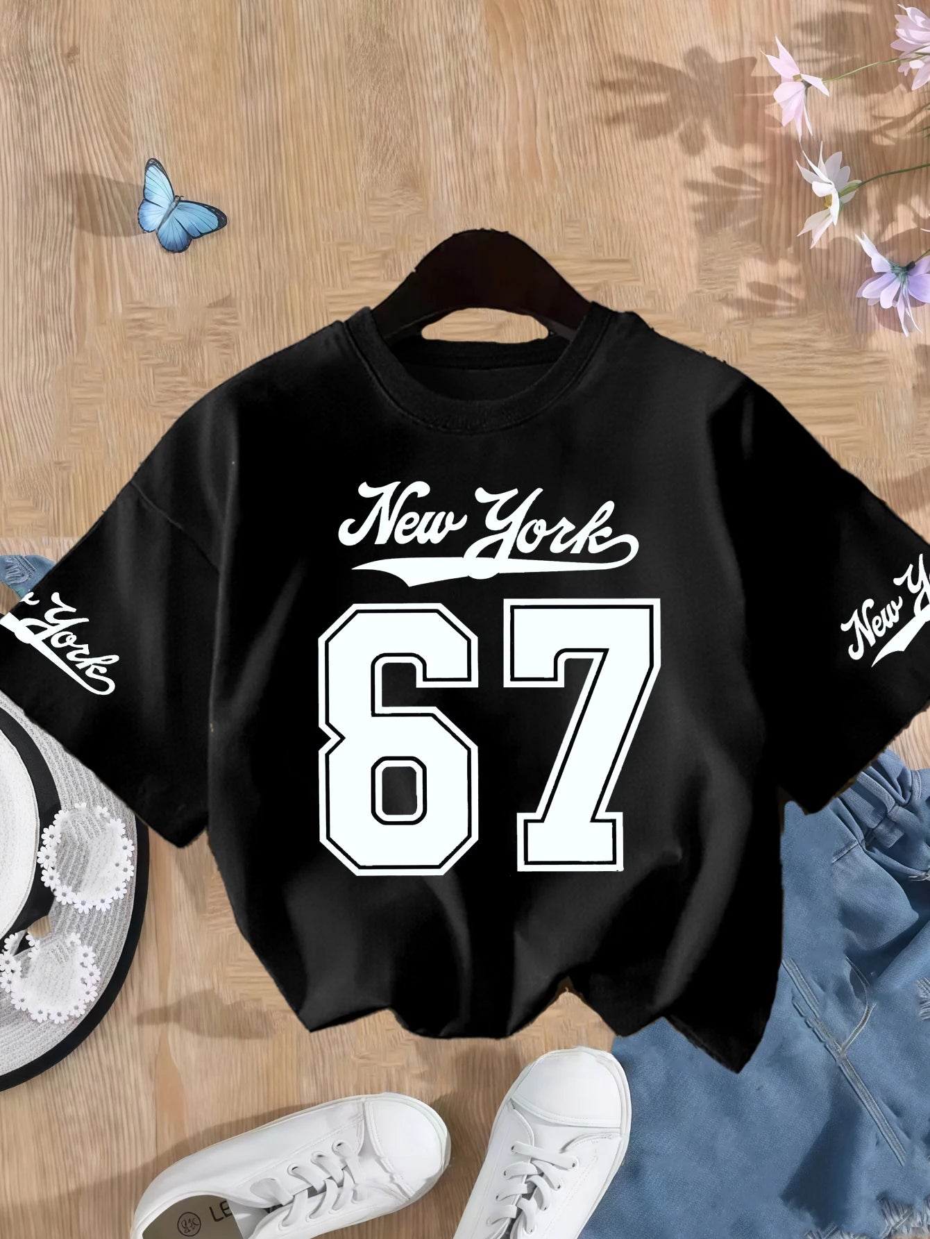 Girls New York Number 67 Print T-Shirt – Pink Cotton Short Sleeve Top