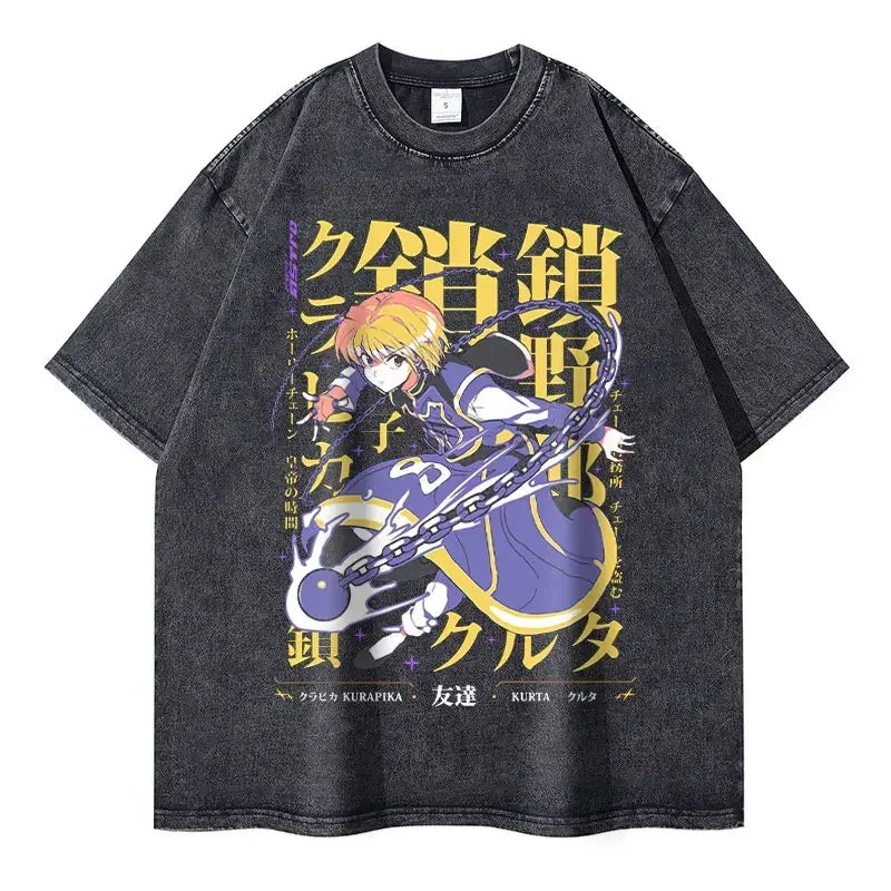 Kurapika T-shirts Vintage Washed Anime Hunter T Shirt Oversize Manga Killua Zoldyck Gon Hisoka Chrollo Tops Tees Men 100% Cotton
