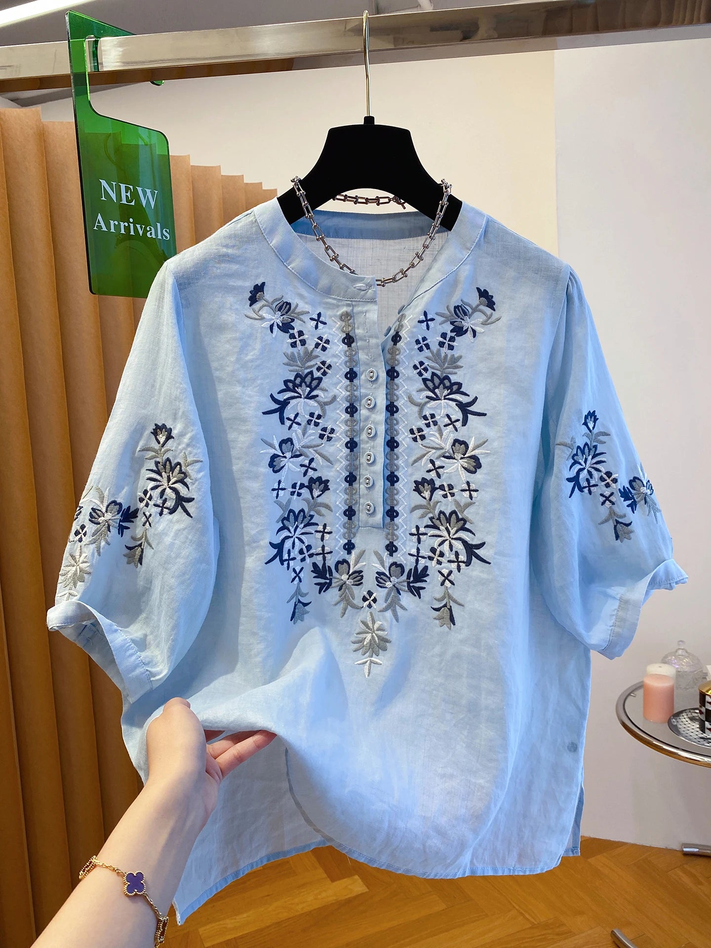 Women's Blue Linen Heavy Embroidery Blouse – Loose Five-Quarter Sleeve Commute Top
