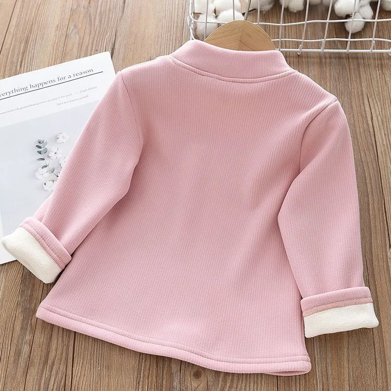 Girls Rabbit Embroidery Velvet Long Sleeve Top – Warm Half-High Collar Base Shirt