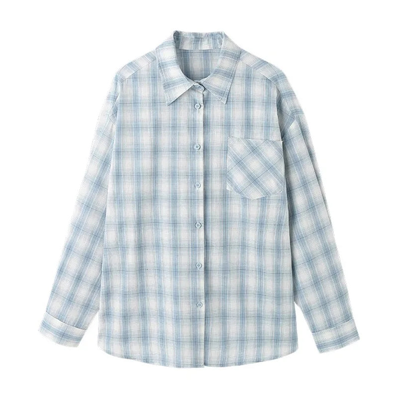 Women's Blue Plaid Cotton Linen Sunscreen Shirt Jacket – Korean Lazy Style Spring Top