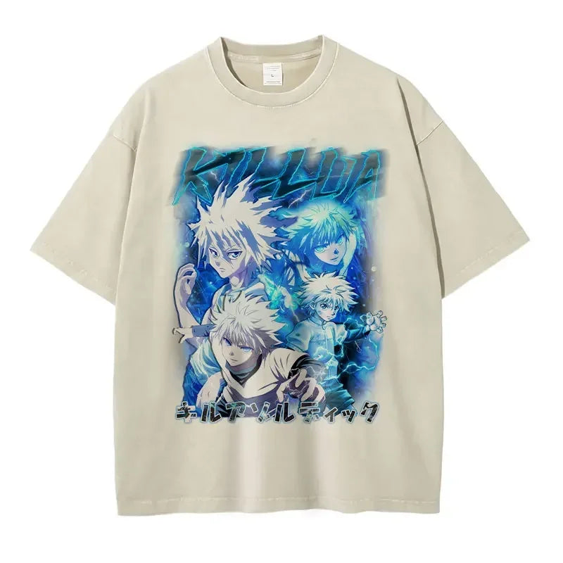 Kurapika T-shirts Vintage Washed Anime Hunter T Shirt Oversize Manga Killua Zoldyck Gon Hisoka Chrollo Tops Tees Men 100% Cotton