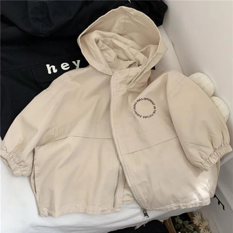 Boys Hooded Letter Windbreaker Jacket – Fashion Long Sleeve Zipper Coat Ages 2–7