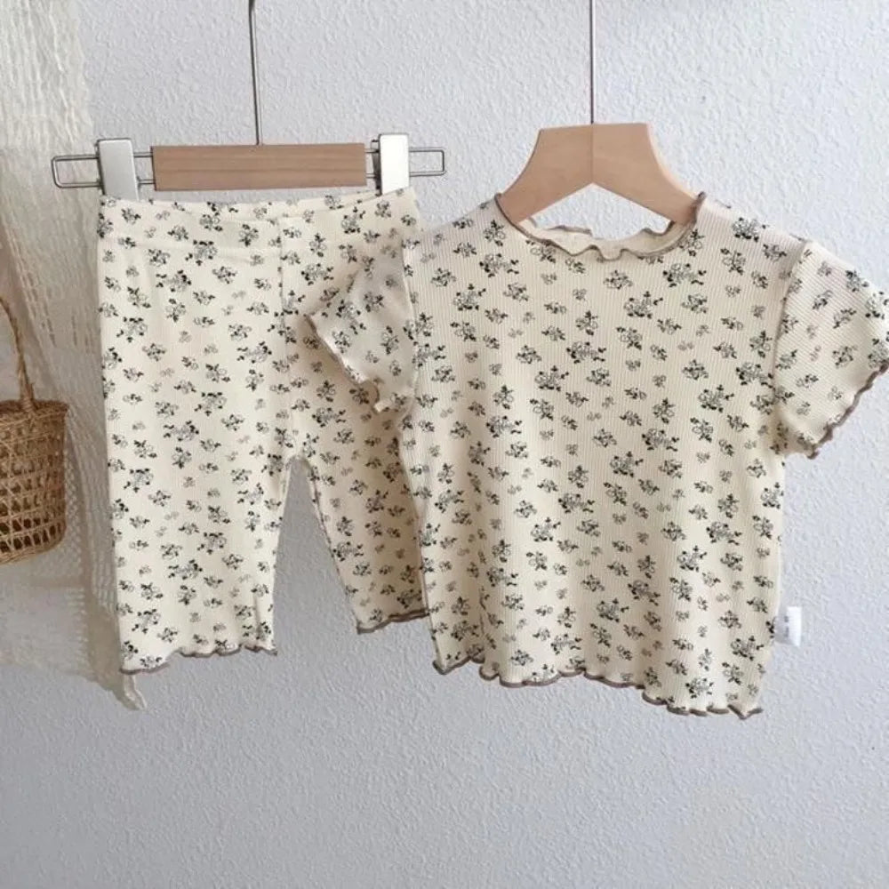 Kids Flower Print T-Shirt & Pants 2-Piece Set – Casual Home Clothes