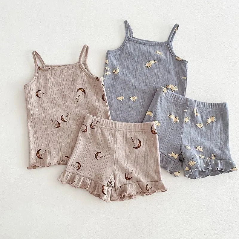 Fashion Baby Girl Cotton Floral Print Clothes Set Strap Vest+Shorts 2PCS Infant Toddler Child Summer Homesuit Baby Clothes 1-10Y