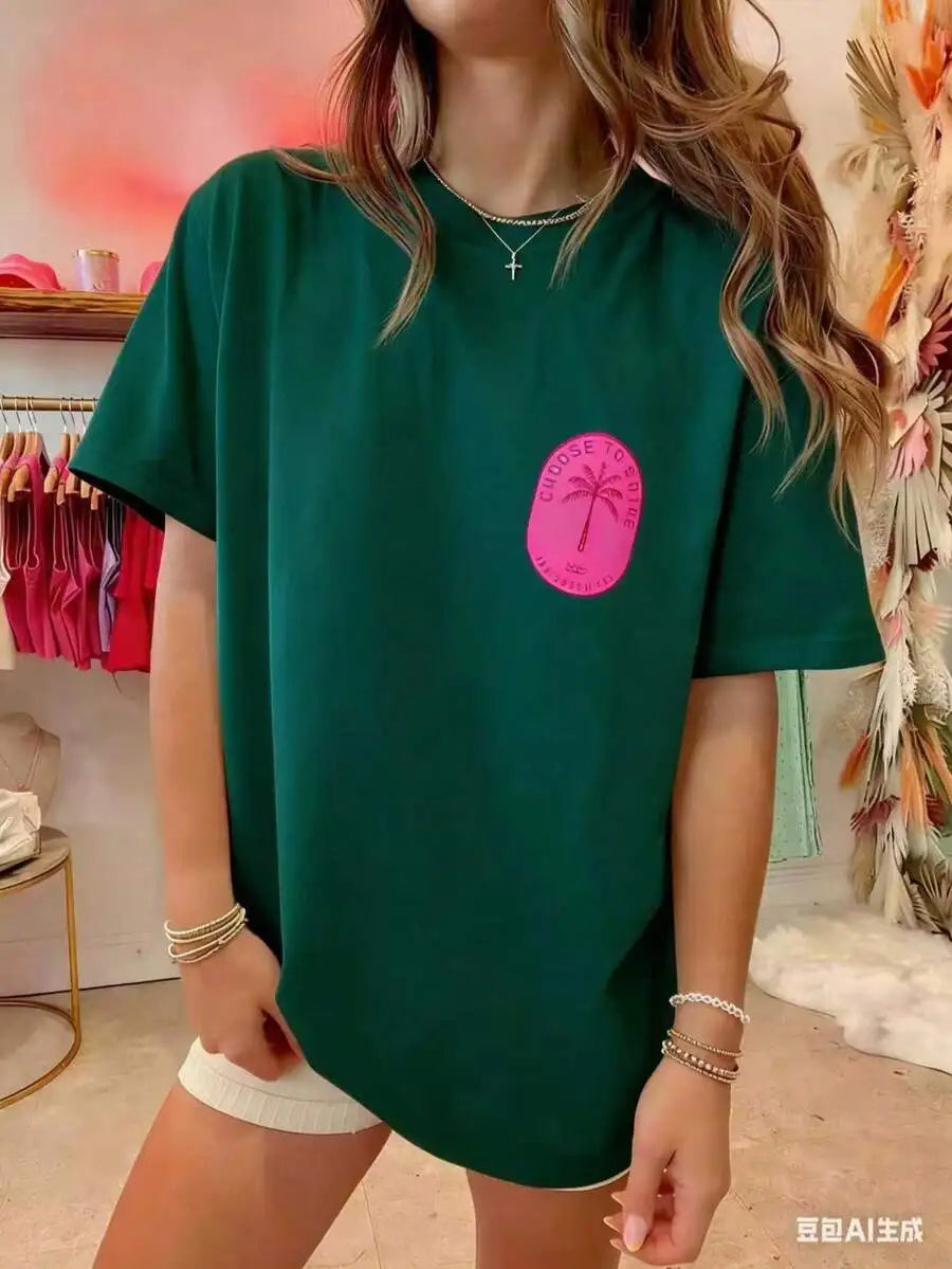Women's Y2K Coconut Tree Graphic Oversized T-Shirt – Short Sleeve Round Neck Loose Tee