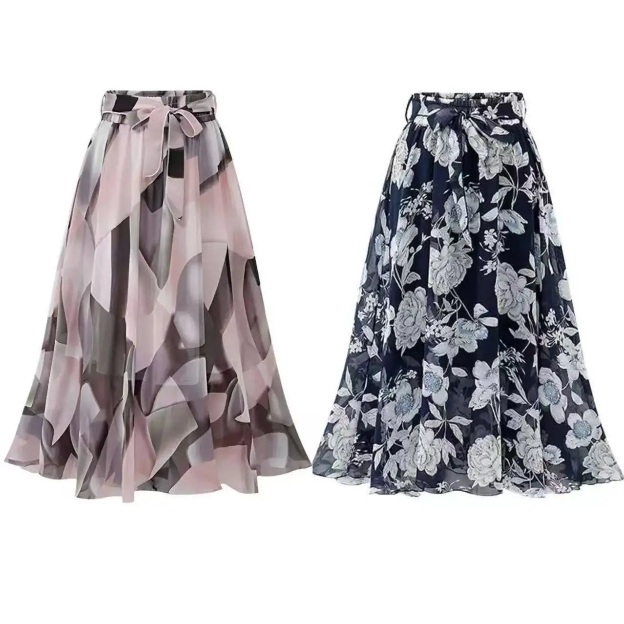 Women's Floral Print Chiffon A-Line Beach Midi Skirt – Casual Elastic Waist Plus Size