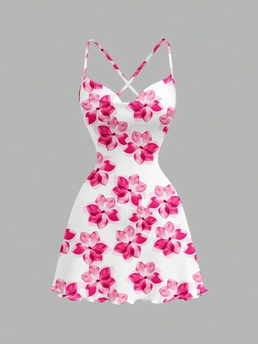 Women's Floral Print Knit Mini Dress – Crisscross Straps Lettuce Hem Going-Out Style