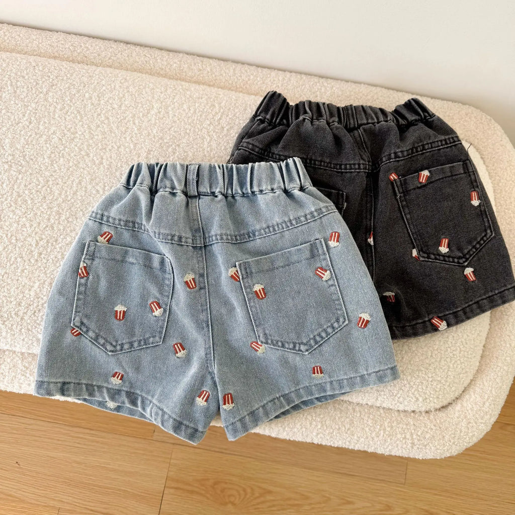 2025 Summer Kids Denim Shorts Children Boys Girls Popcorn Embroidery Short Pants Casual Knee Length Jeans Shorts