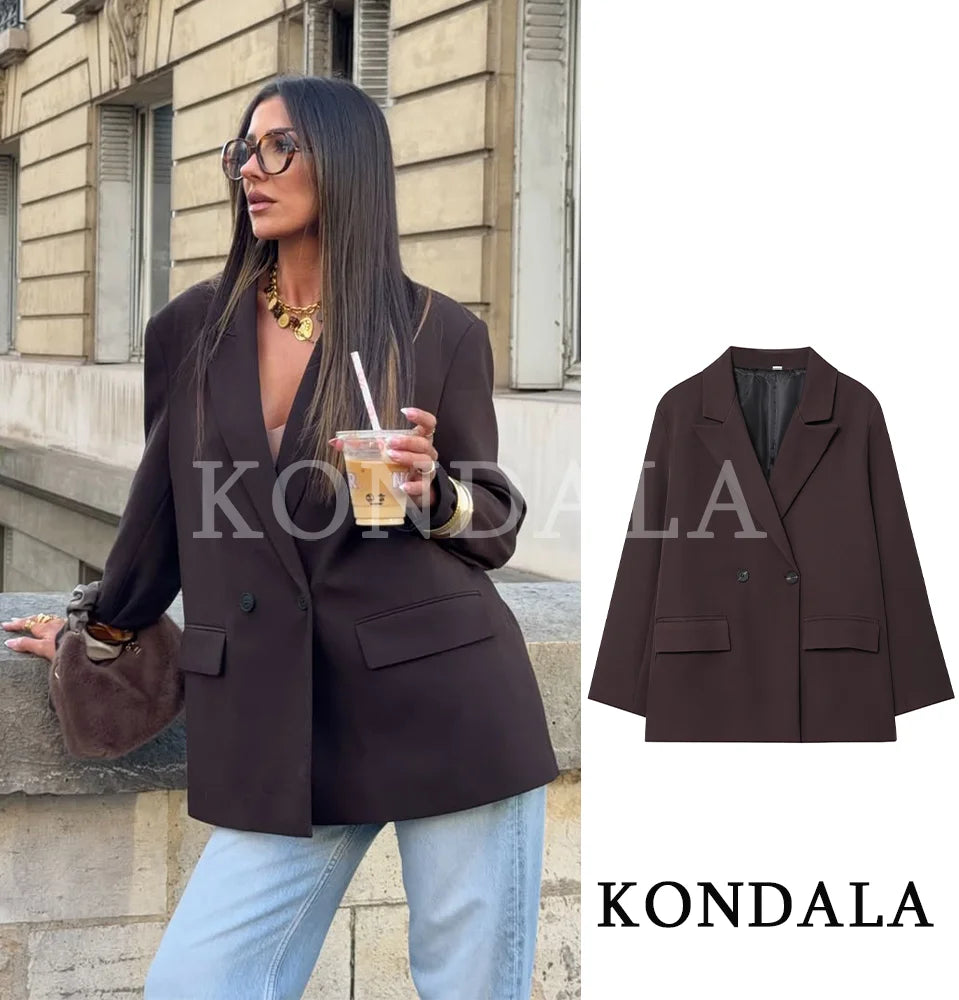 Women's Elegant Double-Breasted Blazer – Vintage Brown Button Office Lady Jacket