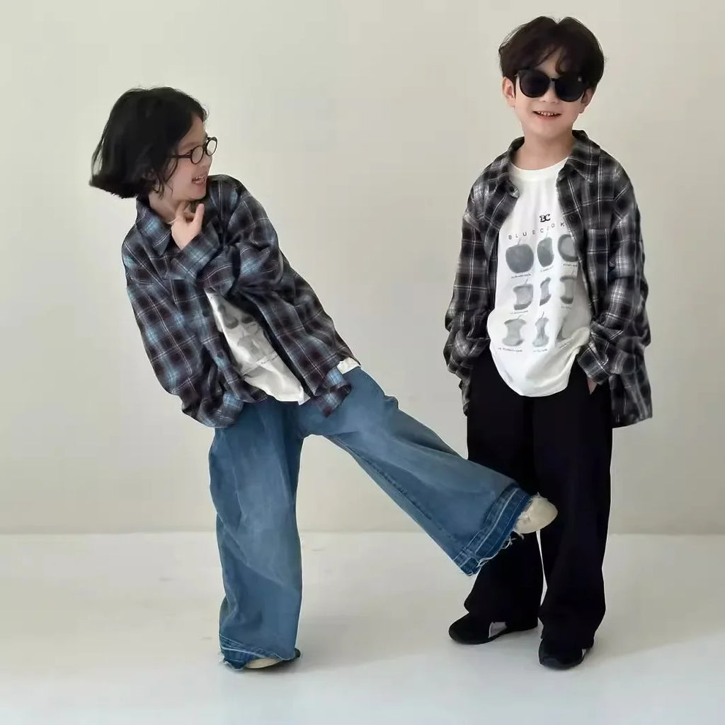 Kids Korean Velvet Plaid Long Sleeve Shirt – Casual Loose Autumn Top