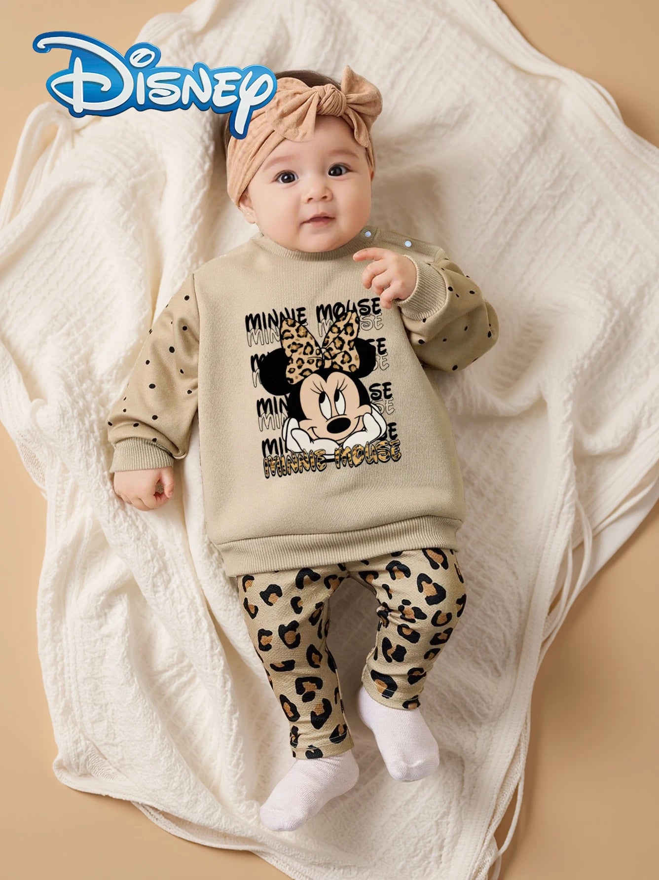 Disney Officially Licensed Mickey Mouse Autumn/Winter Casual Long-Sleeve and Long-Pants Set for Newborn Baby Girls, Featuring Leopard Print and Cute Cartoon Minnie Mouse Prints, Versatile and Comfortable Children's Clothing f