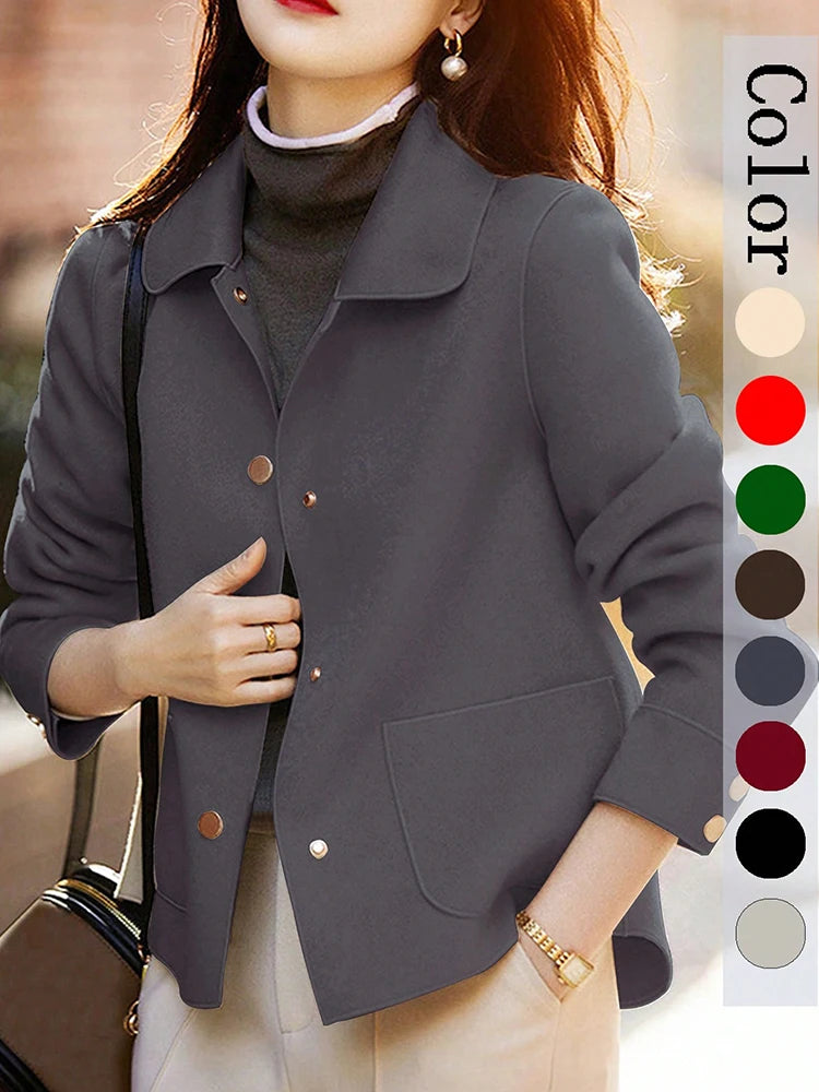 Women's Classic Short Woolen Coat – Button-Up Warm Autumn Winter Outerwear