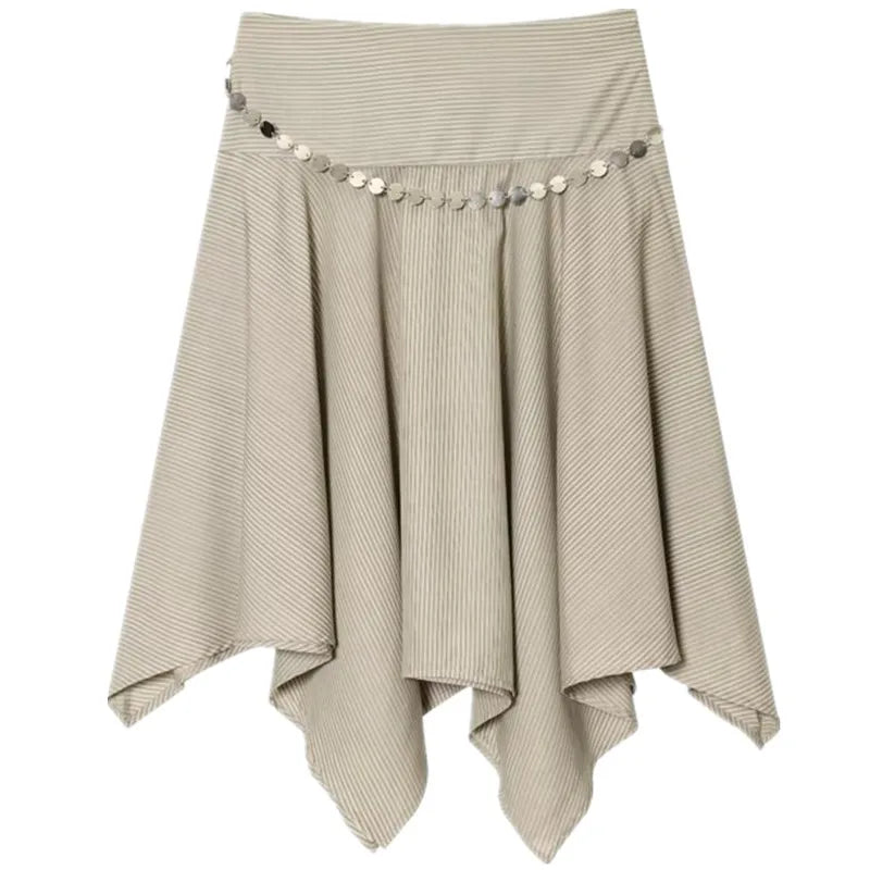 Summer 2025 New Asymmetric Midi Skirt Women's Faion Stripe Belt f-length Skirts Casual Sle mid Waist Design Loose Fit