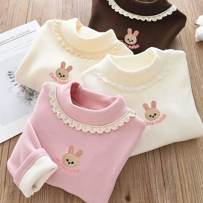 Girls Rabbit Embroidery Velvet Long Sleeve Top – Warm Half-High Collar Base Shirt