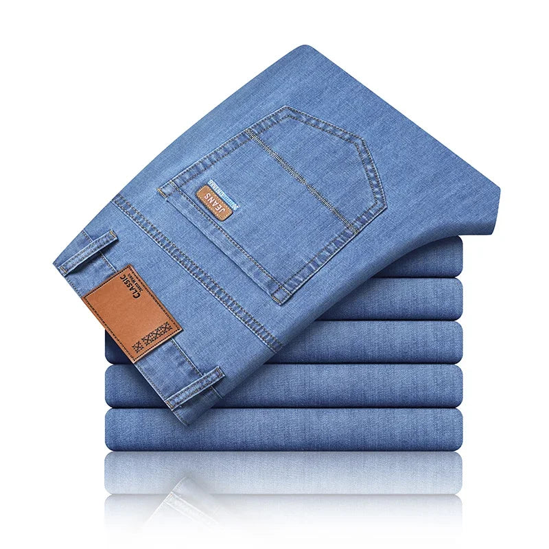 Men's Ice Silk Thin Straight Denim Jeans – Lightweight Business Casual Trousers