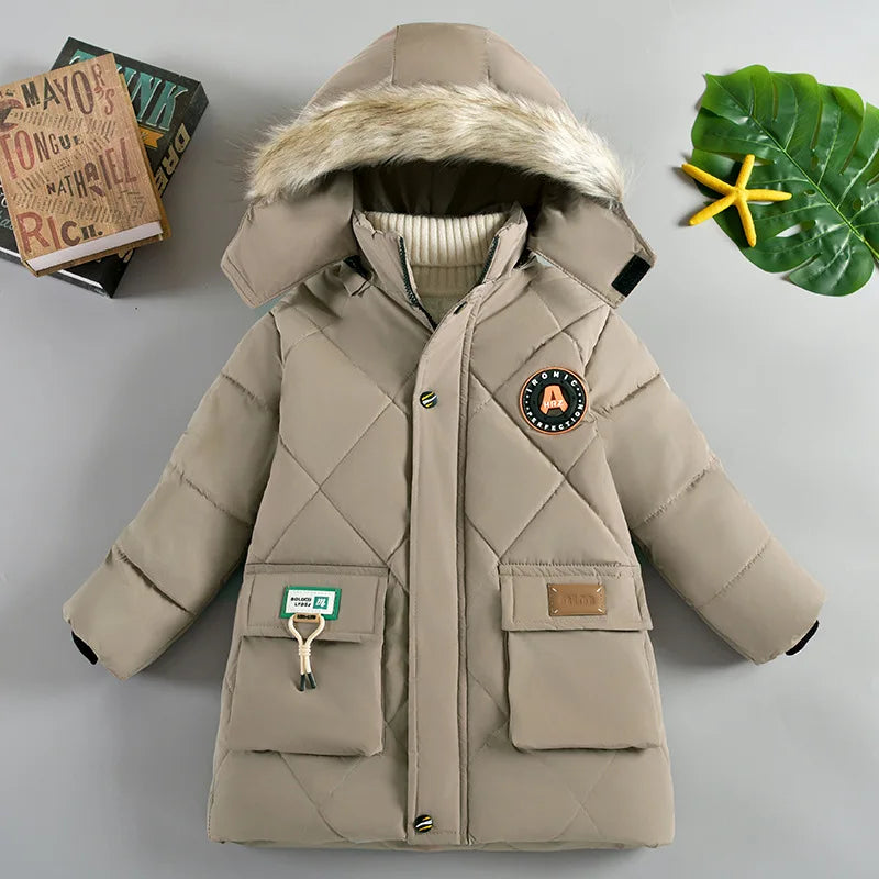 Boys Thick Warm Hooded Down Cotton Coat – Letter Print Winter Jacket Ages 4–10