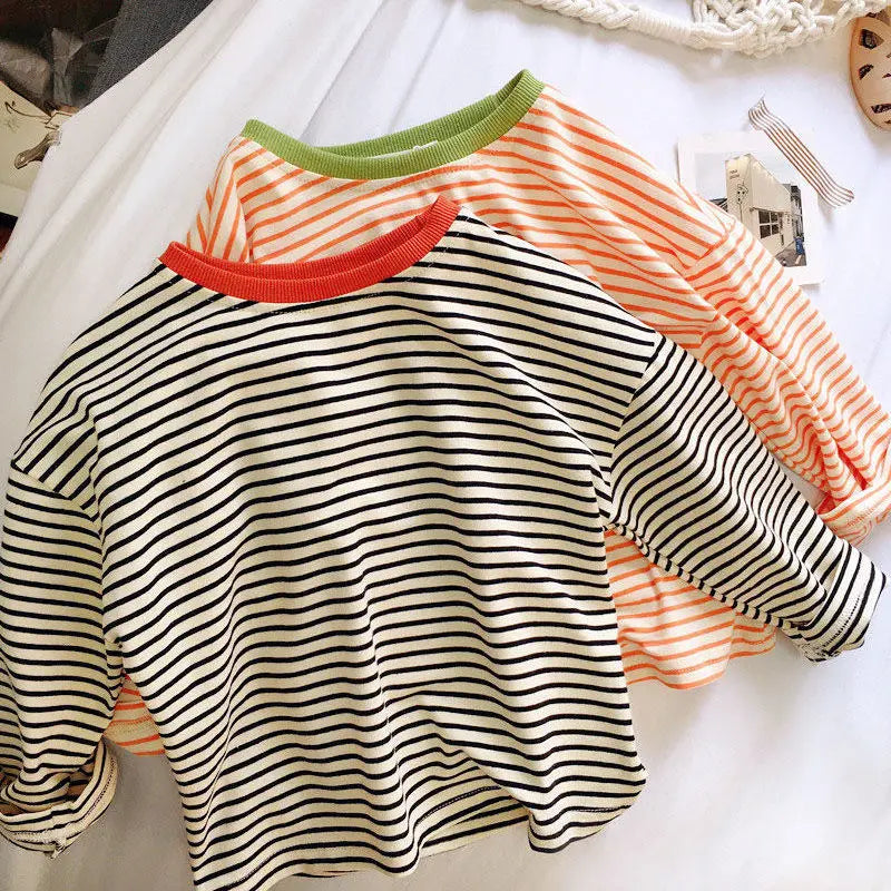 Kids Striped Long Sleeve Base Top – Pure Cotton Casual Versatile Shirt
