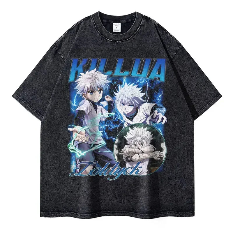 Kurapika T-shirts Vintage Washed Anime Hunter T Shirt Oversize Manga Killua Zoldyck Gon Hisoka Chrollo Tops Tees Men 100% Cotton