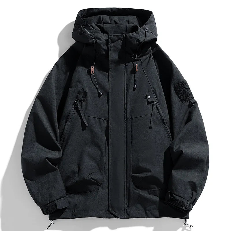 Men's Hooded Cargo Waterproof Bomber Jacket – Black Loose Softshell Hiking Coat