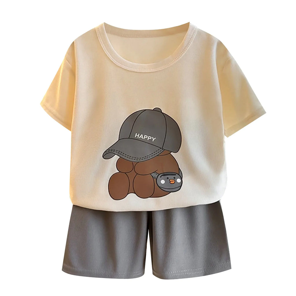 Boys Bear Print Short Sleeve T-Shirt & Shorts Set – Cotton 2-Piece Casual Outfit