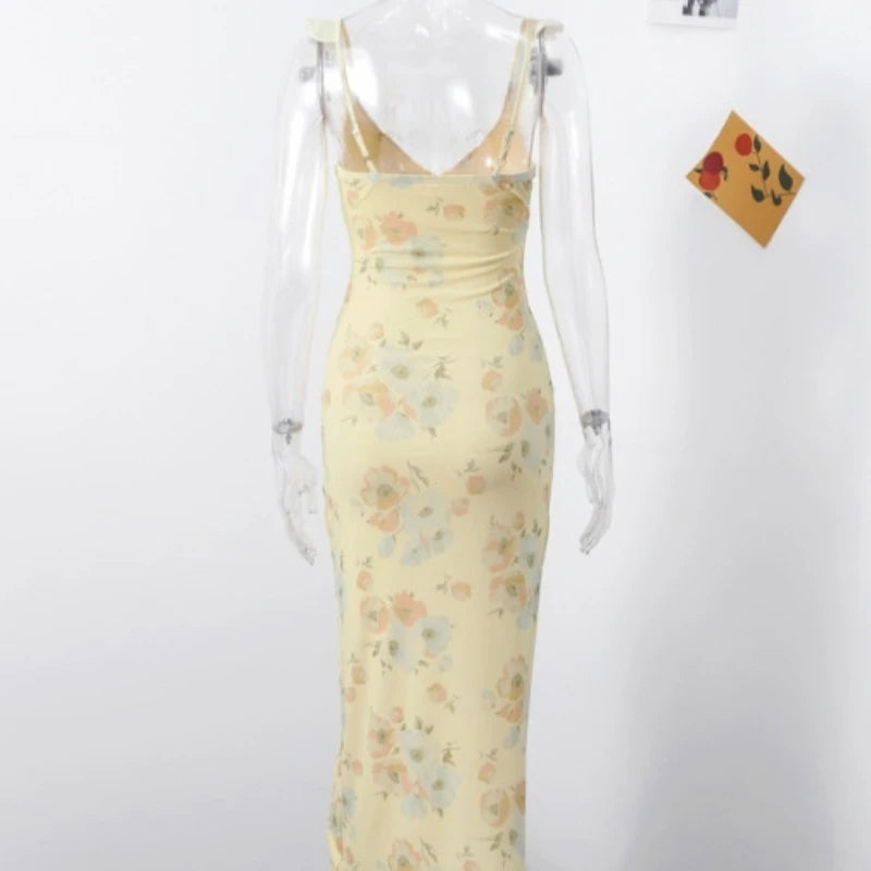 Summer Flower Printed Women's Sexy Low-cut Dress Sleeveless Backless Slim Sling Dresses 2025 Beach Vacation Lady Vestidos