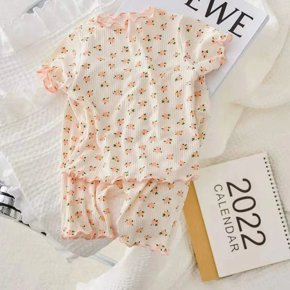 Kids Flower Print T-Shirt & Pants 2-Piece Set – Casual Home Clothes