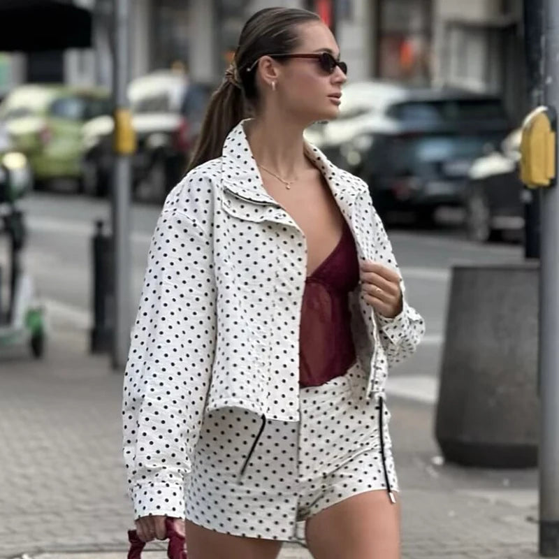 Women's Polka Dot Oversized Bomber Jacket – Long Sleeve Zip-Up Crop Aviator Coat
