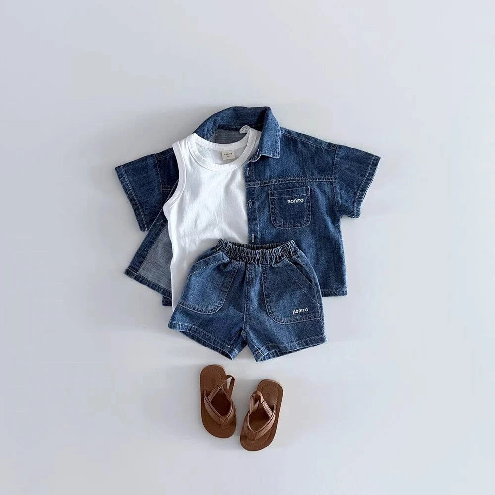 Baby Denim Shirt & Shorts Set – Korean Style Cute 2-Piece Toddler Outfit