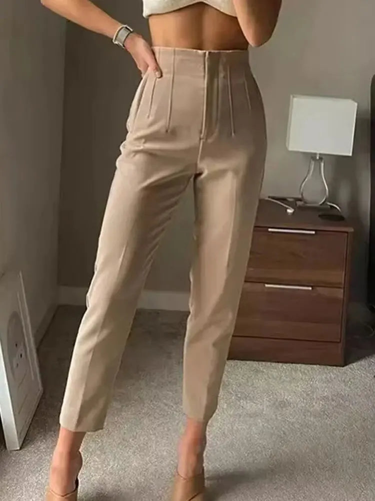 Women's Slim High Waist Pencil Pants – Vintage Solid Color Office Lady Trousers