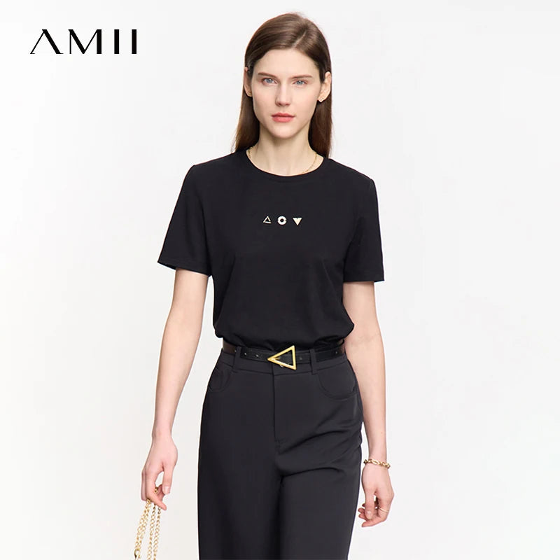 Women's Geometric O-Neck Antibacterial Cotton T-Shirt – Short Sleeve Casual Elastic Tee