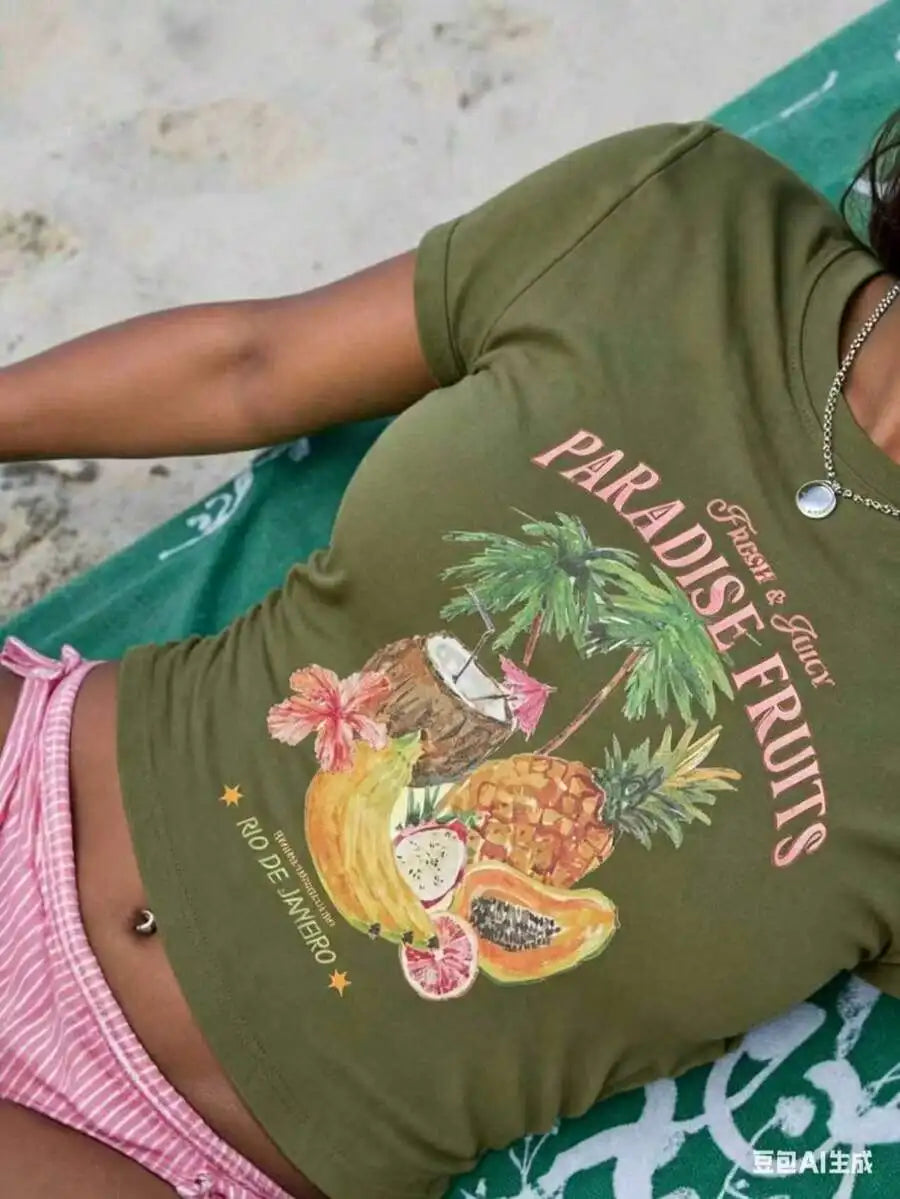 Sundraya Women Fruit & Coconut Print Fitted Short T-Shirt, Cream-Colored Summer Beach Vacation Ladies Top