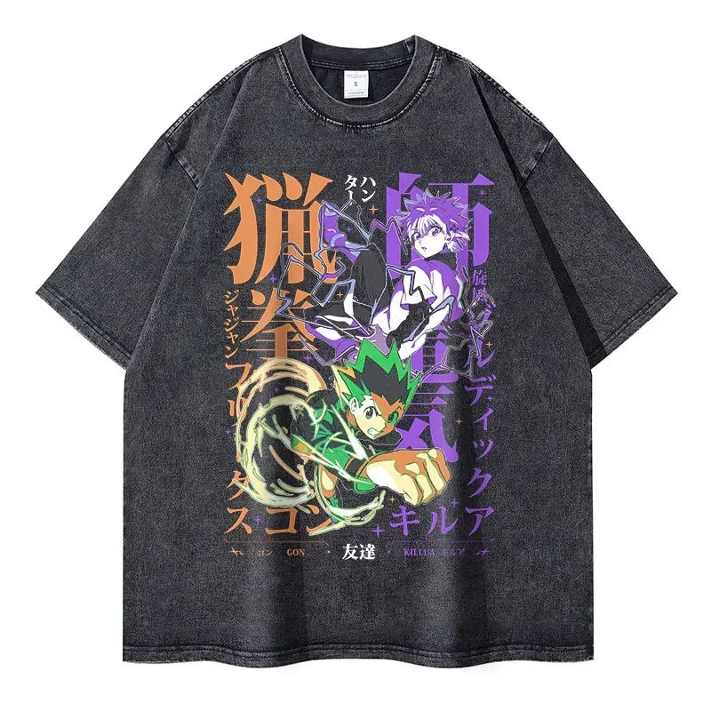 Kurapika T-shirts Vintage Washed Anime Hunter T Shirt Oversize Manga Killua Zoldyck Gon Hisoka Chrollo Tops Tees Men 100% Cotton