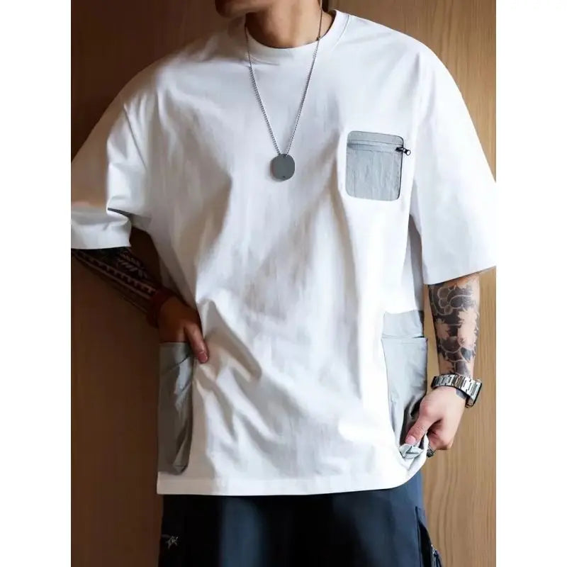 Pockets Contrast Zipper Patchwork Plus Size Casual Tops Men's Summer New Short Sleeve Loose Vintage T Shirts Fashion Men Clothes