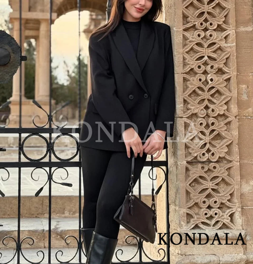 Women's Elegant Double-Breasted Blazer – Vintage Brown Button Office Lady Jacket