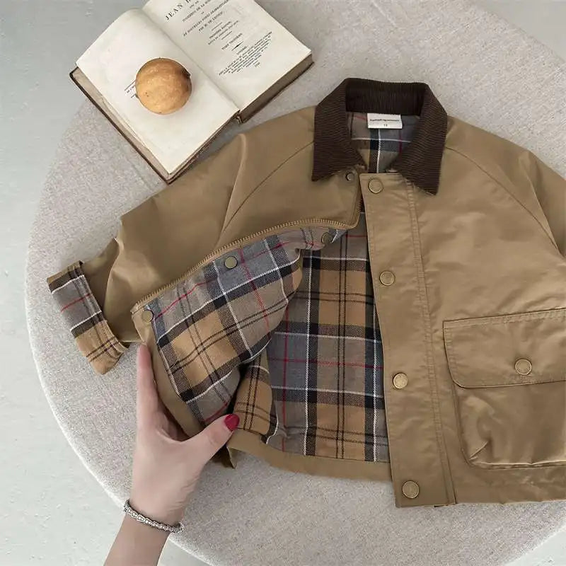 Boys Plaid Spliced Pocket Long Sleeve Jacket – Toddler Outerwear Coat