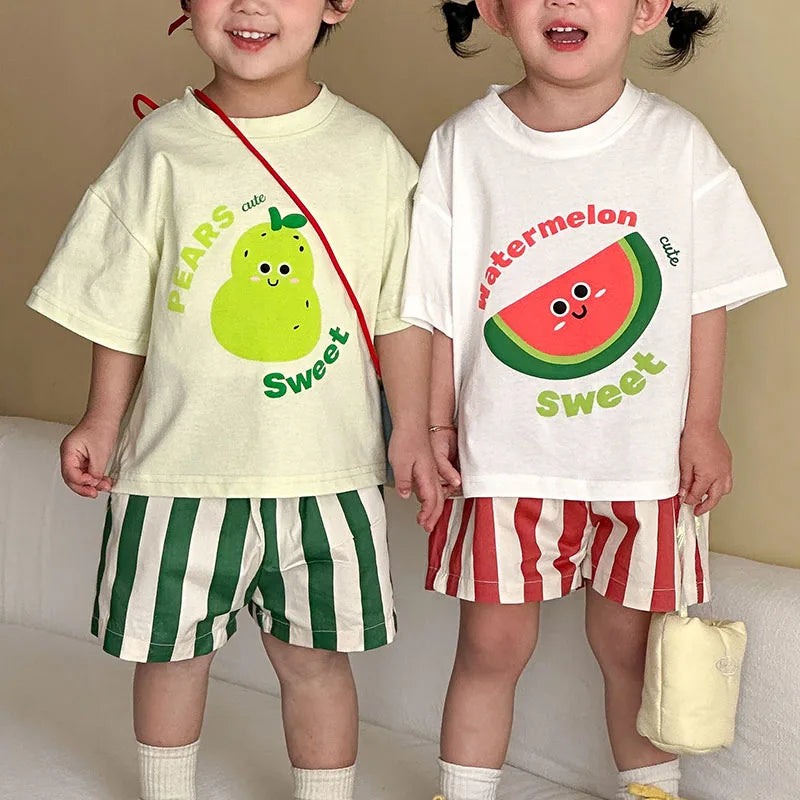 Girls Cartoon T-Shirt & Striped Shorts Set – Cotton Loose 2-Piece Summer Outfit Ages 1–9