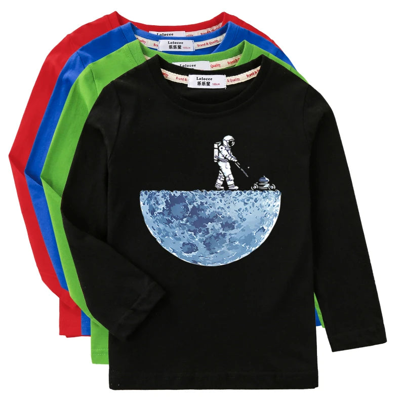 Boys Astronaut Print Long Sleeve T-Shirt – Fun Space Cotton Kids Top