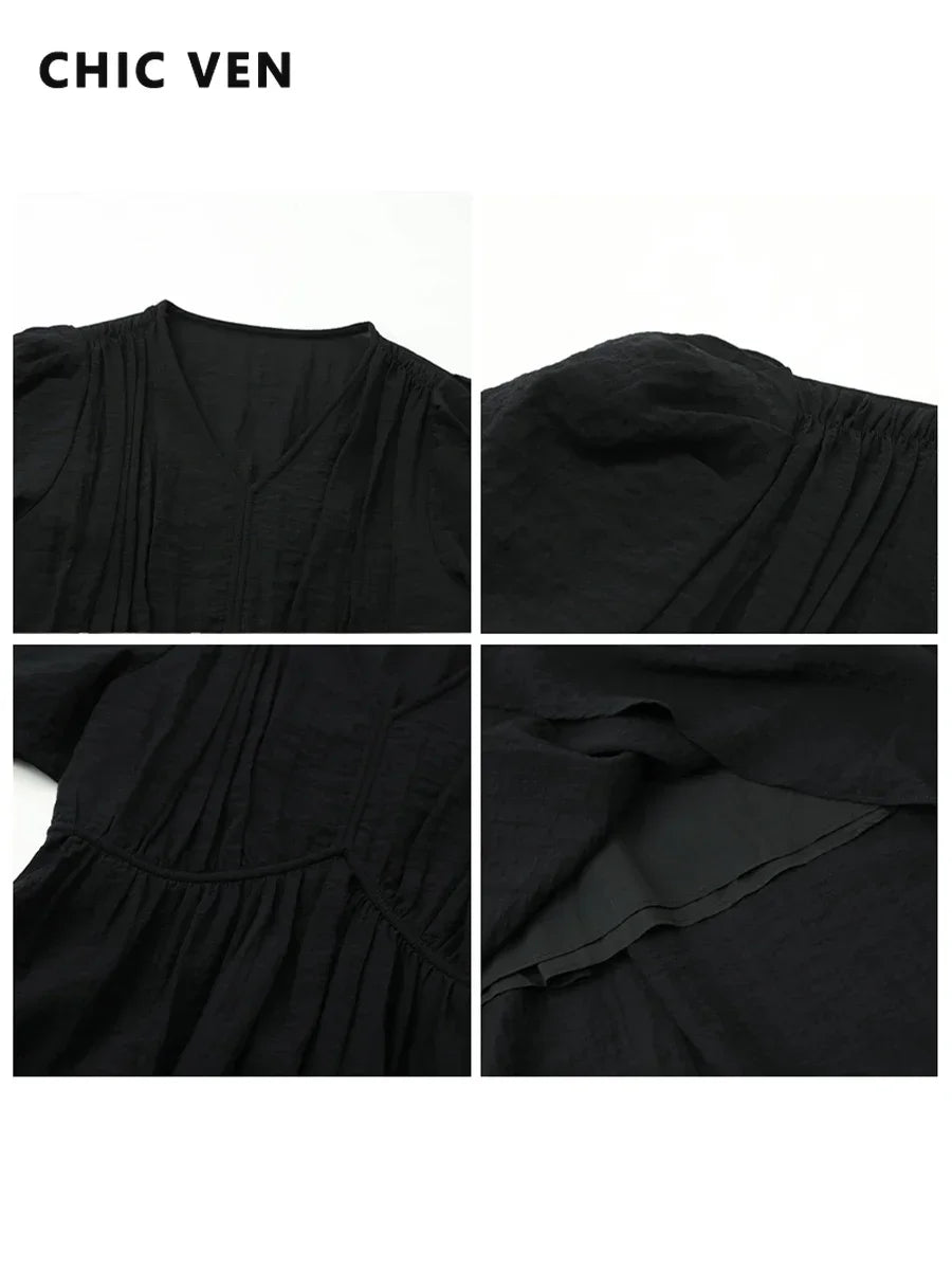 CHIC VEN Fashion Women Dresses Vintage V-neck Puff Sleeve Long Dress Solid White Loose Female Clothing Summer New 2026